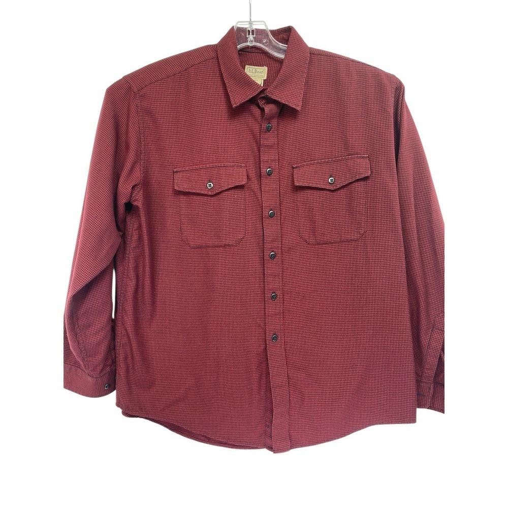 LL Bean Mens XL Maroon/Black Houndstooth Button Up Flannel Shirt (B26)‎ EUC